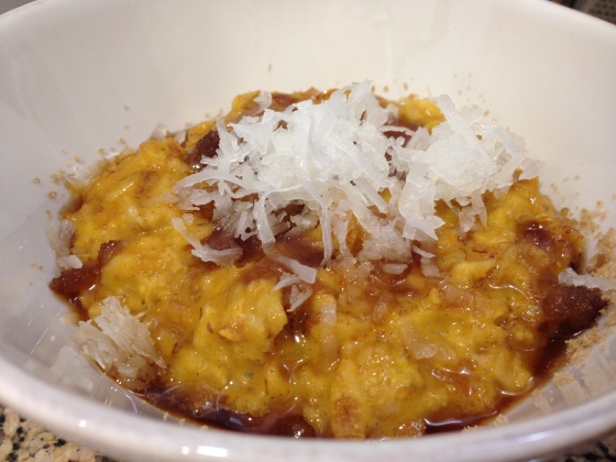 Pumpkin Oatmeal topped with brown sugar and coconut.